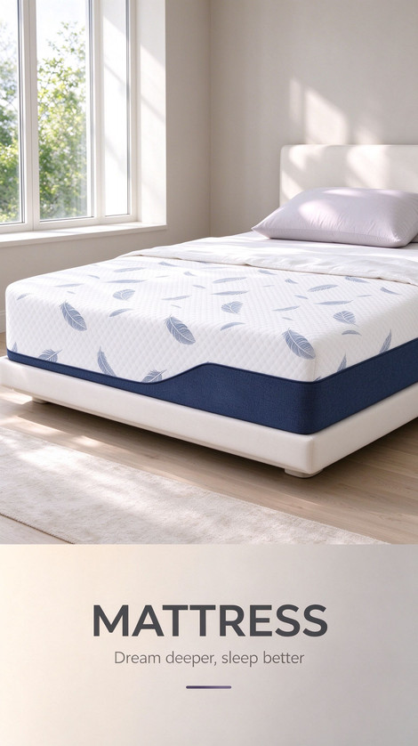 White and blue hybrid mattress with a subtle leaf pattern placed on a light wooden bed frame beside a bright window with greenery outside