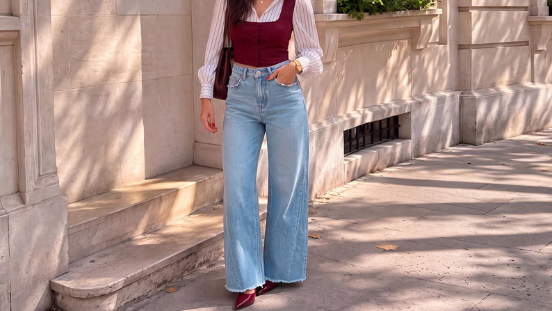 A woman on sunlit sidewalk wears striped shirt burgundy vest light blue wide jeans and red heeled shoes