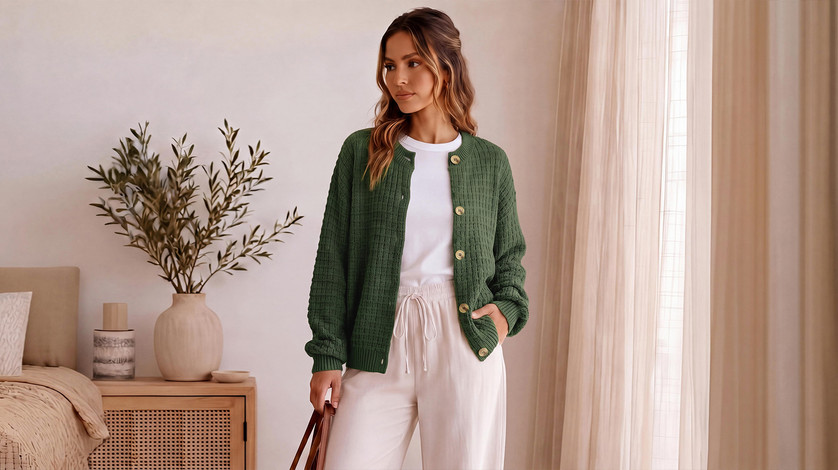A woman in cozy room wears green knit cardigan white tee and loose off white drawstring trousers holding brown bag