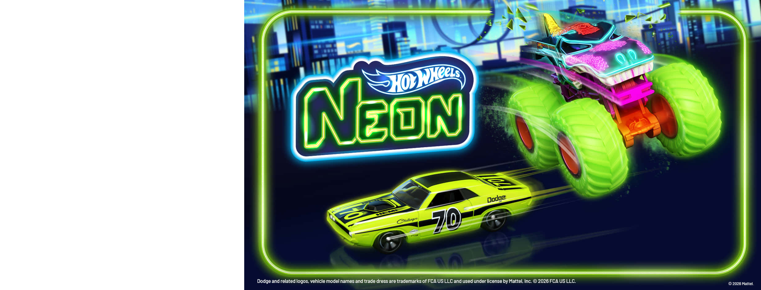 Black background with Hot Wheels Neon logo and yellow car and hot wheels monster truck
