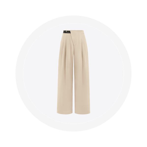Rich brown high waisted wide leg trousers gold buckle detail front pleats elastic back waist plain white background