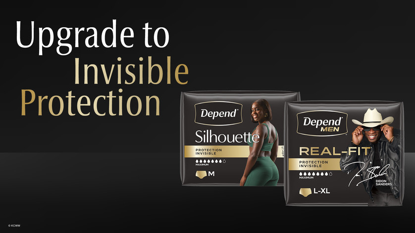 Upgrade to invisible protection next to packs of Depend Silhouette and Real Fit underwear