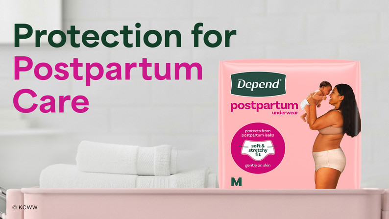 Protection for postpartum care next to a package of Depend postpartum underwear
