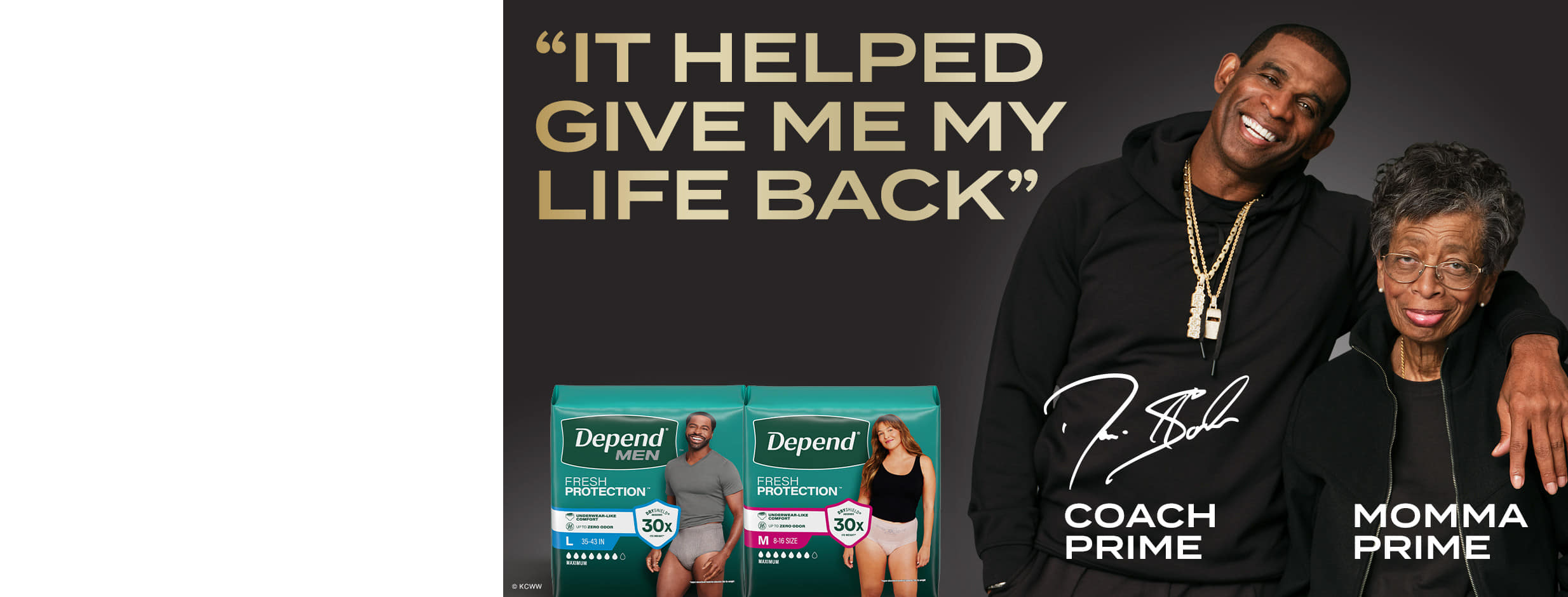 Depend mens and womens Fresh Protection next to a picture of Deion Sanders and his mother