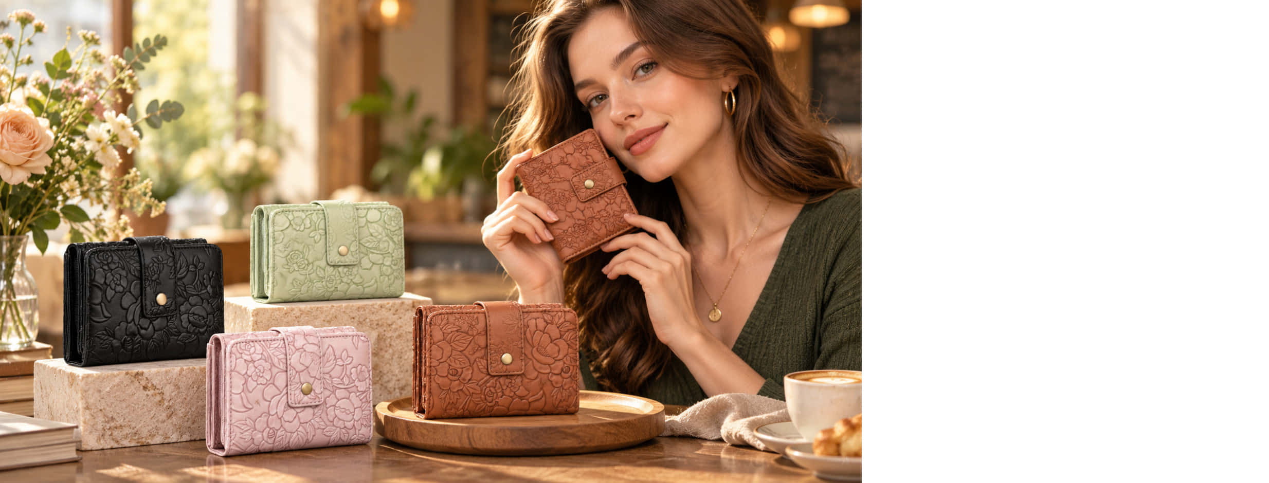 A close up of a compact embossed leather wallet
