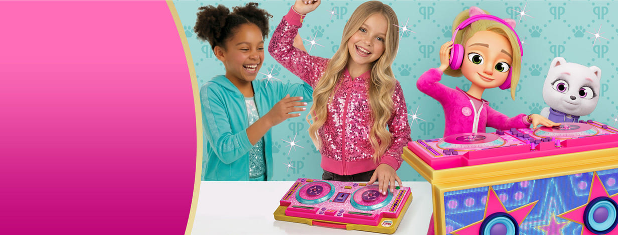 two girls and two cartoon characters play together