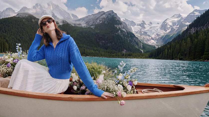Model in a beige beret sunglasses blue knit hooded top and white skirt sitting in a flower-filled wooden boat by snowy mountains and a lake