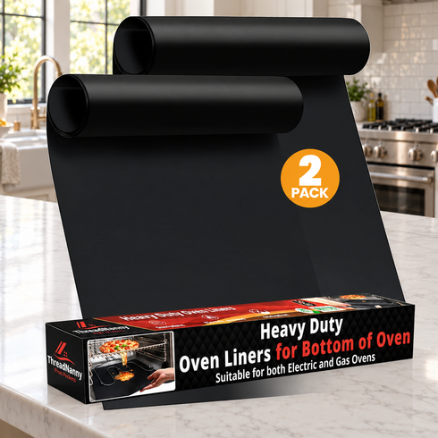 Two partly rolled black oven liners stand behind a ThreadNanny box on a marble counter An orange badge reads TWO PACK