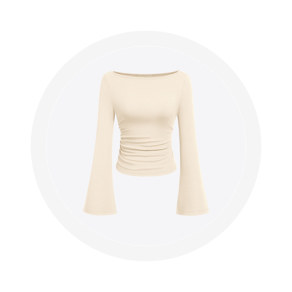 Dusty pink ribbed long sleeve crew neck top vertical seam details slim fit displayed on clean white background