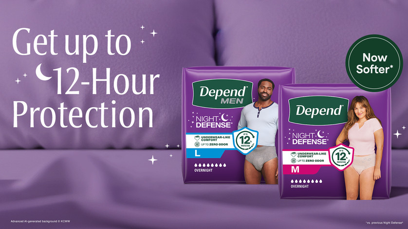 Get up to twelve hour protection next to packs of Depend mens and womens Night Defense underwear