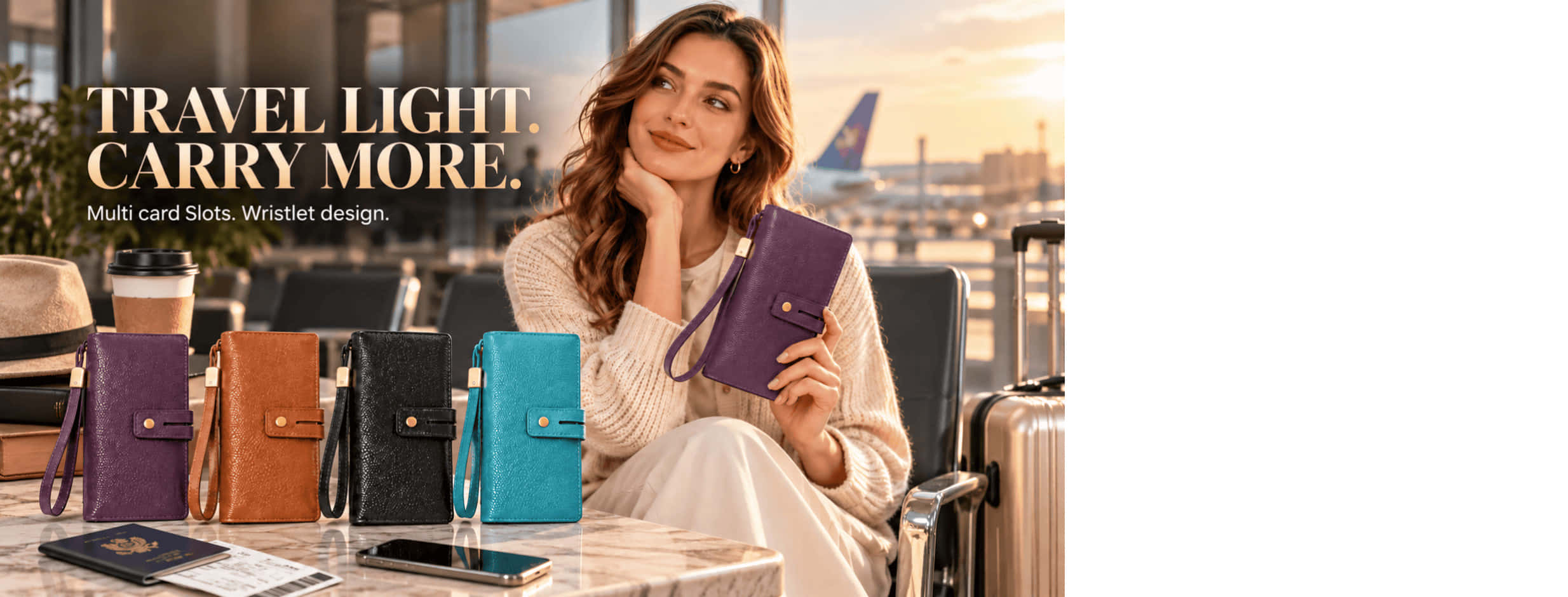 A woman holding a leather wristlet wallet on her wrist