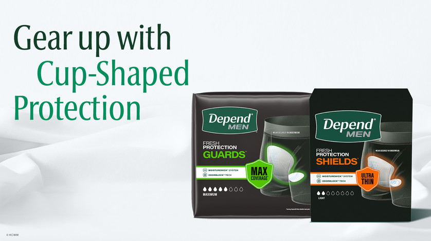 Gear up with cup shaped protection next to packs of Depend Mens Guards and Mens Shields