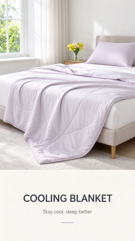 Light lavender cooling blanket neatly spread on a bed by a bright window with a small yellow flower vase on the windowsill