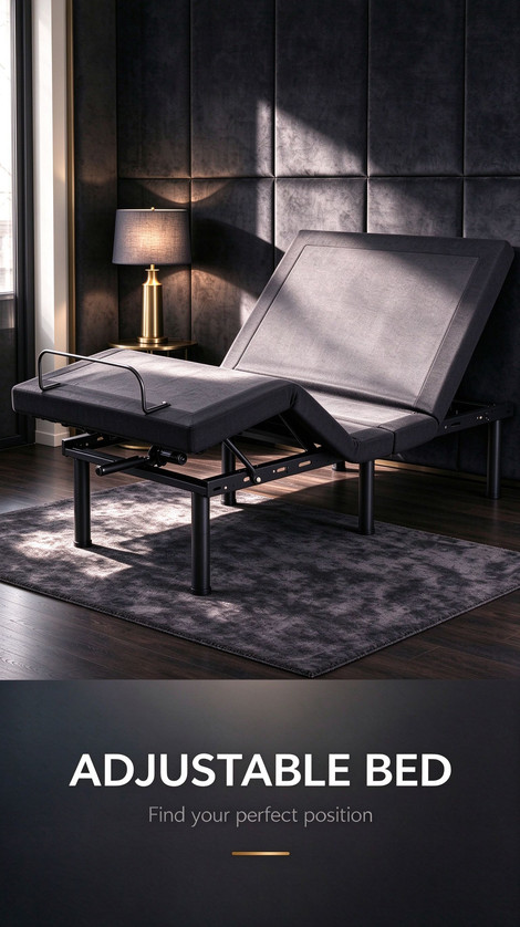 Modern black adjustable bed frame in a dark bedroom head and foot sections elevated warm bedside lamp lighting the scene